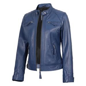 Decrum Genuine Leather Womens Blue Diamond Cafe Racer Jacket - XS